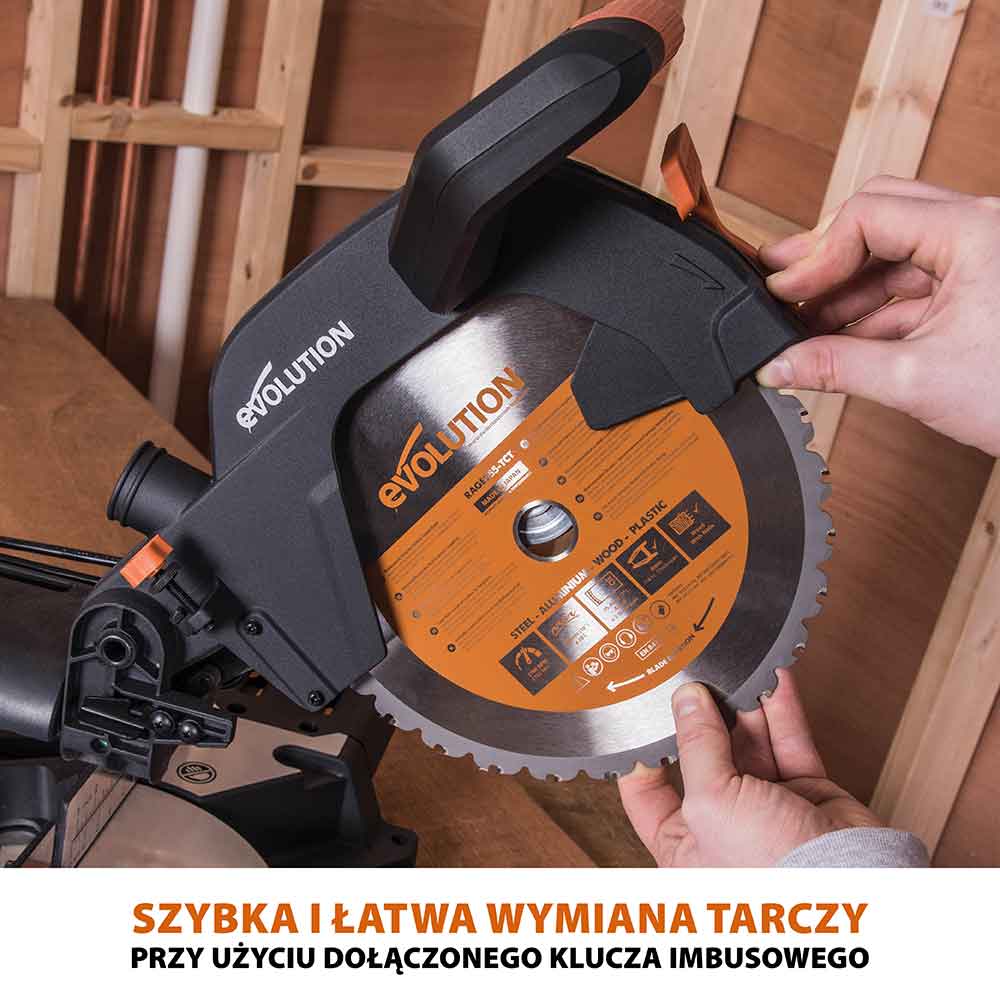 Piła ukośnica Evolution R255SMS+ 255mm z wielomateriałową tarczą TCT + stojak XL