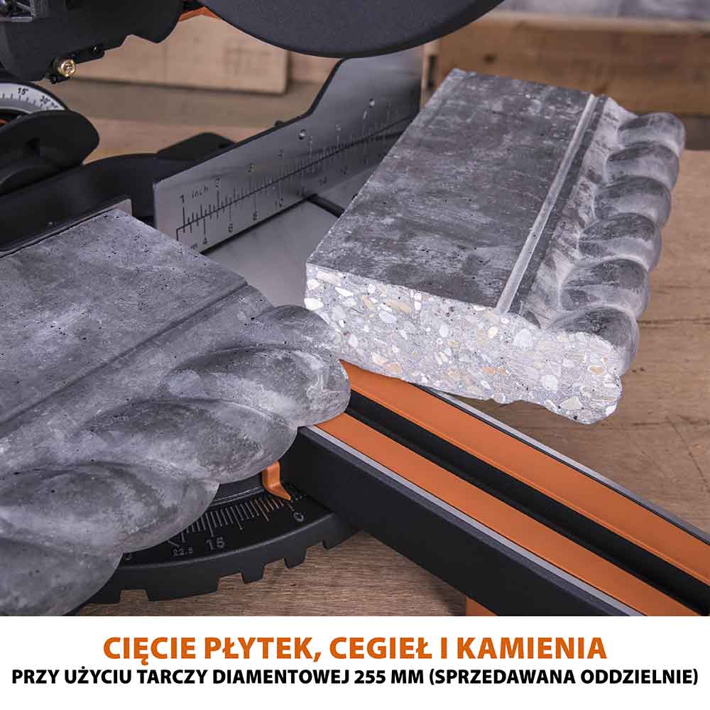 Piła ukośnica Evolution R255SMS+ 255mm z wielomateriałową tarczą TCT + stojak XL
