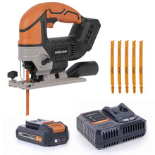 Bezprzewodowa wyrzynarka z akumulatorem litowo-jonowym 18 V EXT Li-Ion R90JGS-Li firmy Evolution z tarczą do cięcia różnych materiałów