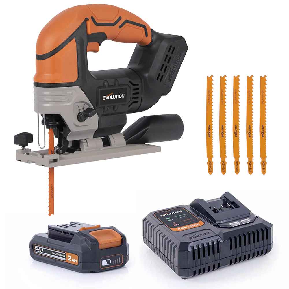 Bezprzewodowa wyrzynarka z akumulatorem litowo-jonowym 18 V EXT Li-Ion R90JGS-Li firmy Evolution z tarczą do cięcia różnych materiałów