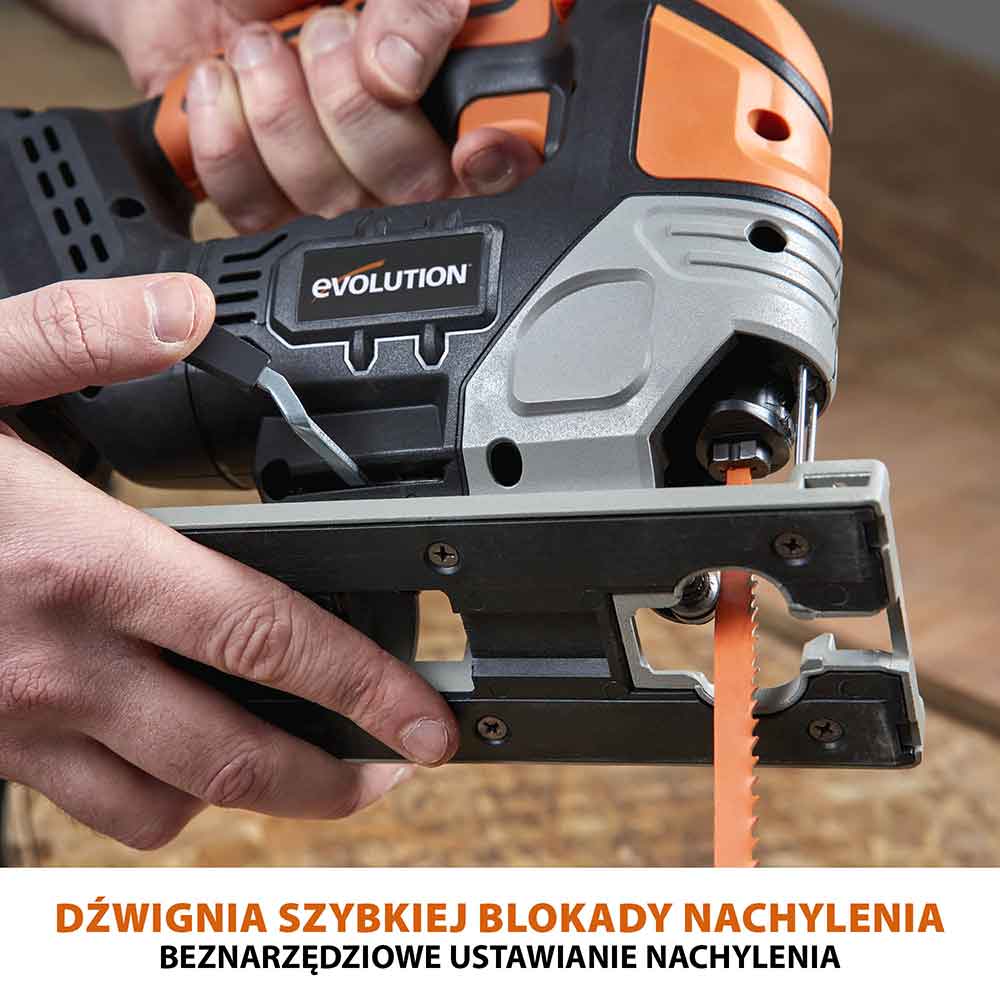 Bezprzewodowa wyrzynarka z akumulatorem litowo-jonowym 18 V EXT Li-Ion R90JGS-Li firmy Evolution z tarczą do cięcia różnych materiałów