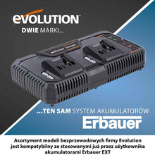 Bezprzewodowa szybka ładowarka z dwiema stacjami dokującymi firmy Evolution z akumulatorem litowo-jonowym 18 V EXT