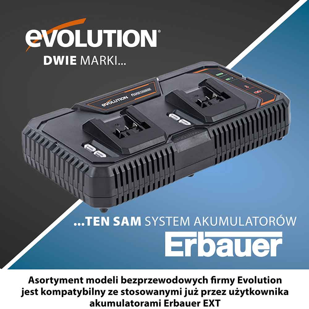 Bezprzewodowa szybka ładowarka z dwiema stacjami dokującymi firmy Evolution z akumulatorem litowo-jonowym 18 V EXT