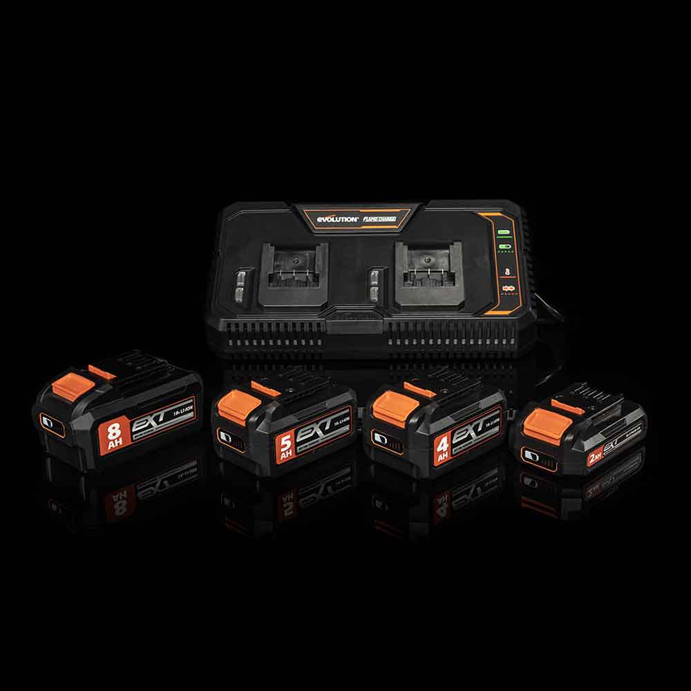 Bezprzewodowa szybka ładowarka z dwiema stacjami dokującymi firmy Evolution z akumulatorem litowo-jonowym 18 V EXT