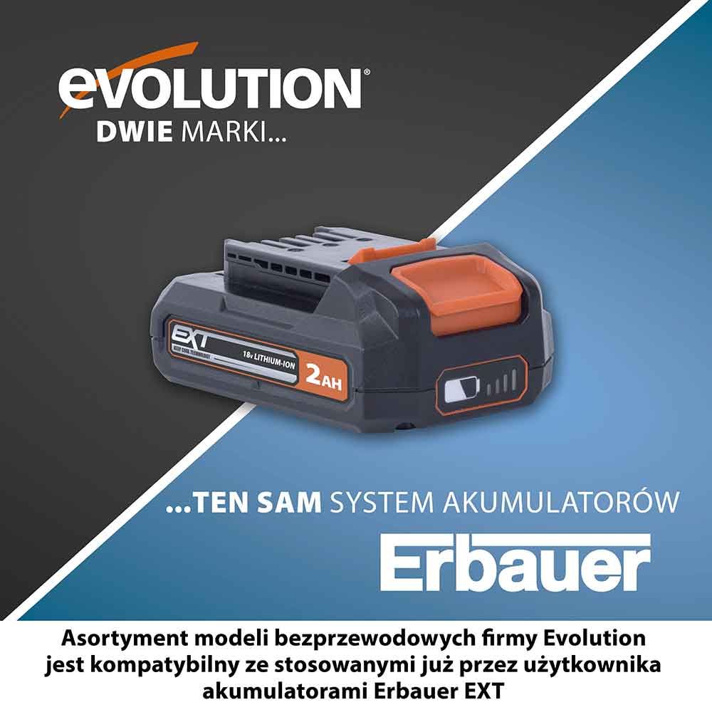 Pakiet Bezprzewodowa wiertarko-wkrętarka R13CMB-Li firmy Evolution z akumulatorem litowo-jonowym 18 V EXT + torba