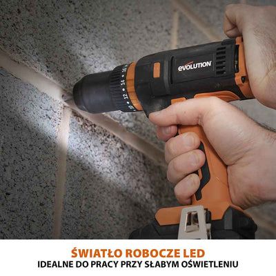 Pakiet Bezprzewodowa wiertarko-wkrętarka R13CMB-Li firmy Evolution z akumulatorem litowo-jonowym 18 V EXT + torba