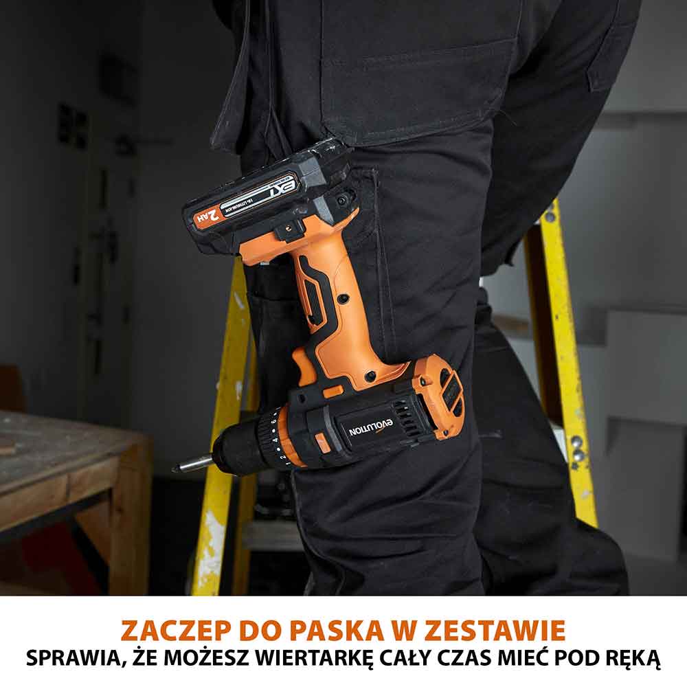 Pakiet Bezprzewodowa wiertarko-wkrętarka R13CMB-Li firmy Evolution z akumulatorem litowo-jonowym 18 V EXT + torba