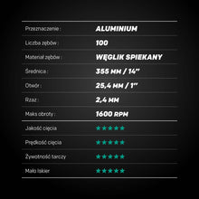 Tarcza do pilarki tarczowej do cięcia aluminium Evolution EVOMAX 355 mm Ø355 x 25,4 mm, 100 zębów, węglik wolframu