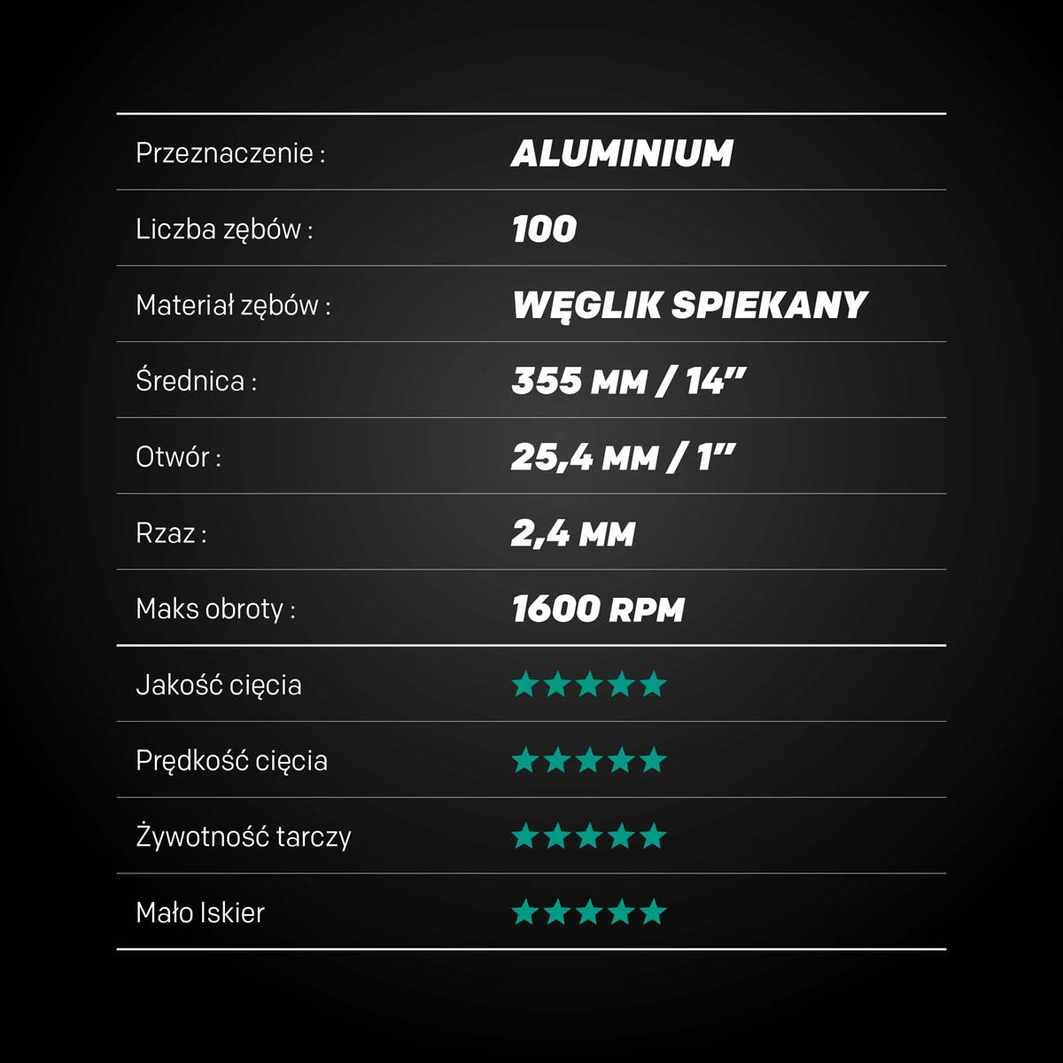 Tarcza do pilarki tarczowej do cięcia aluminium Evolution EVOMAX 355 mm Ø355 x 25,4 mm, 100 zębów, węglik wolframu