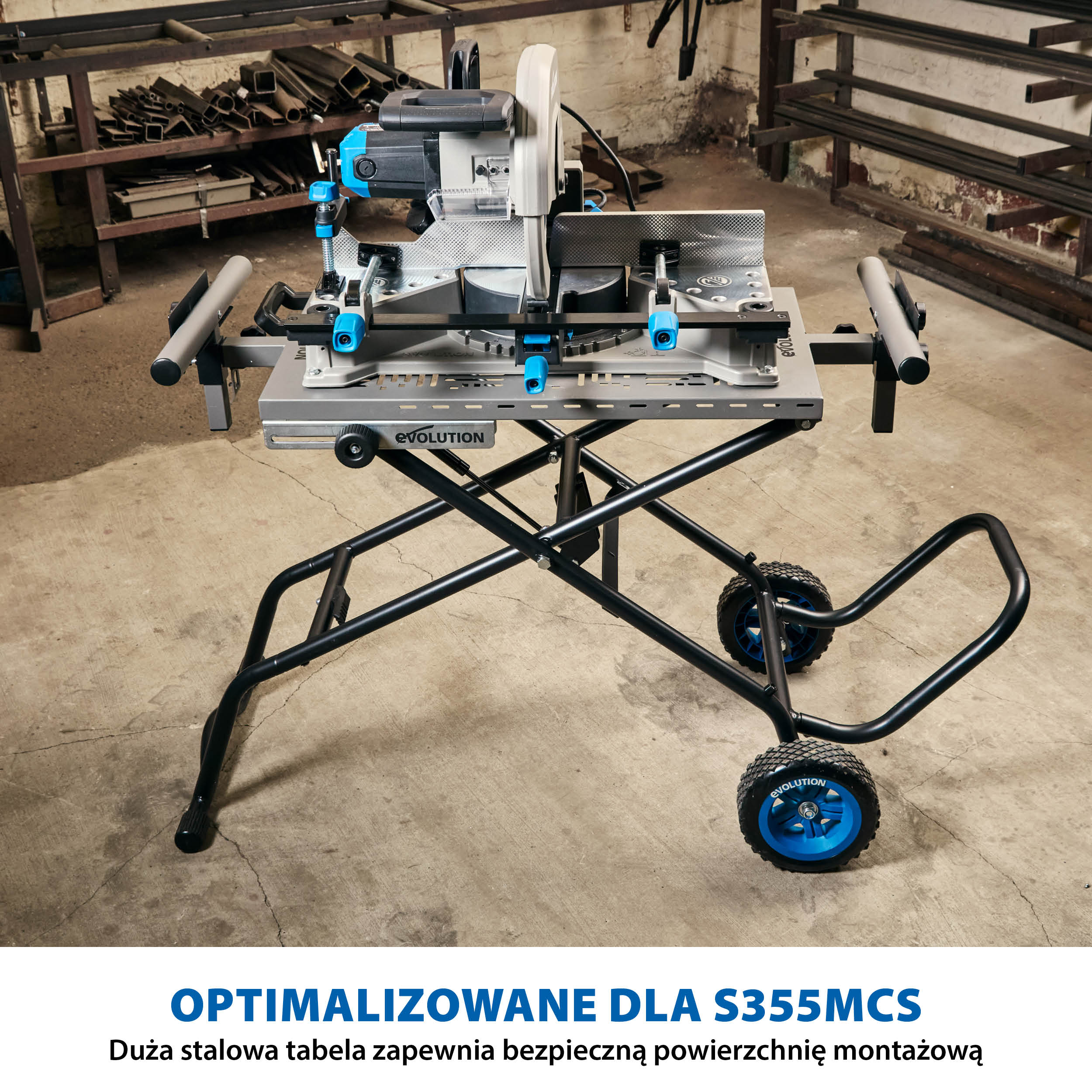 Przecinarka do metalu Evolution S355MCS 355 mm + stojak mobilny z systemem PowerLift Assist