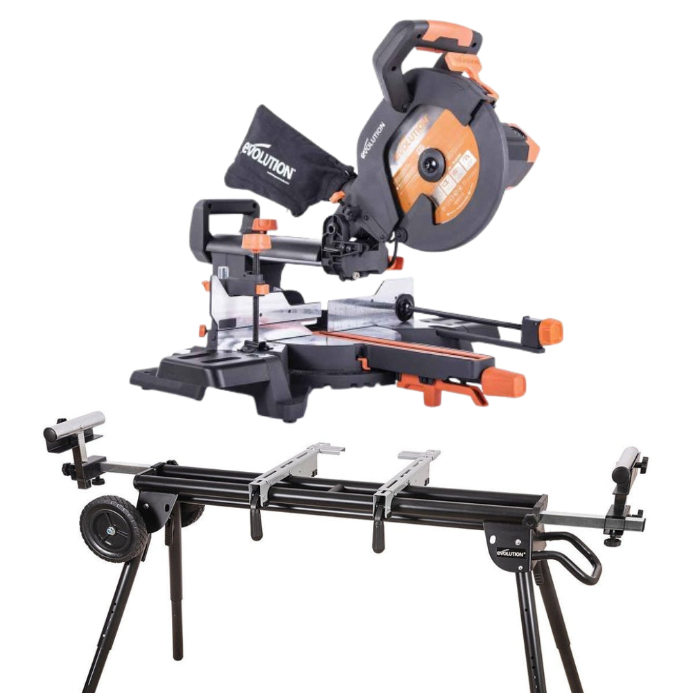 Piła ukośnica Evolution R255SMS+ 255mm z wielomateriałową tarczą TCT + stojak XL