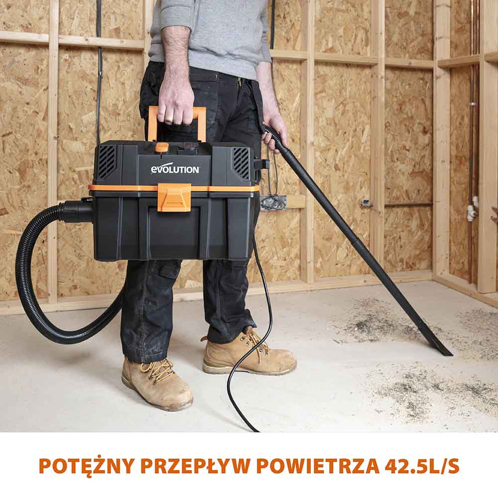 Odkurzacz warsztatowy do pracy na mokro i na sucho Evolution R15VAC 1000 W z przystawką odbioru mocy 1700 W