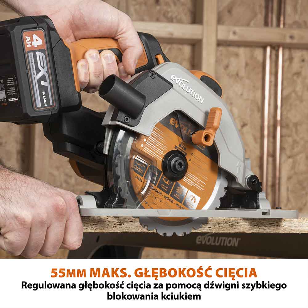 Bezprzewodowa piła tarczowa Evolution 18 V EXT Li-Ion R165CCS-Li z tarczą do cięcia różnych materiałów