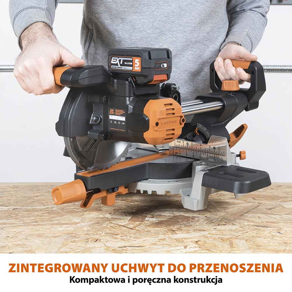 Akumulatorowa piła ukośnica Evolution R185SMS-Li 18V EXT Li-Ion 185 mm z wielomateriałową tarczą TCT
