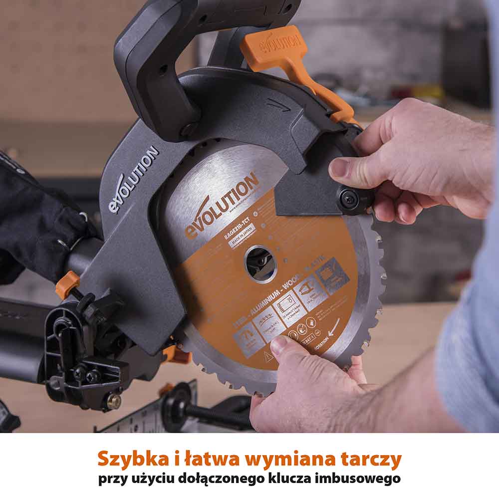 Piła ukośnica Evolution R210SMS+ 210 mm z wielomateriałową tarczą TCT