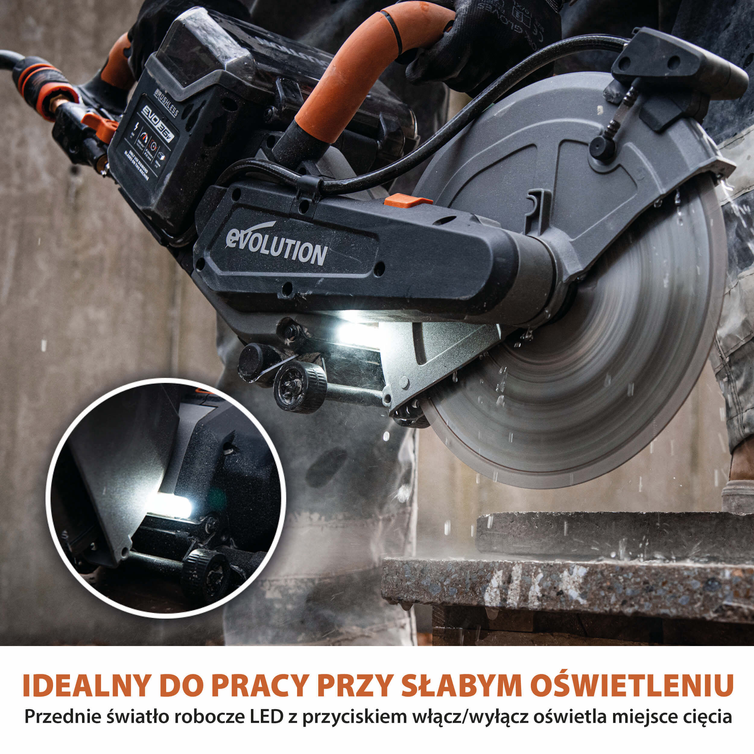 Elektryczna przecinarka tarczowa do betonu Evolution R260DCT-Li z Automatycznym Systemem Zraszania i Akumulatorem