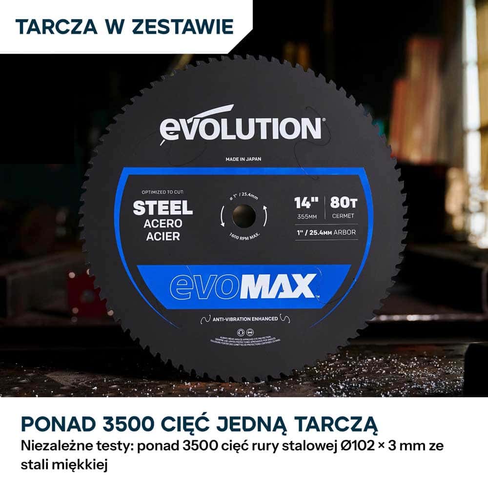 Przecinarka do metalu Evolution S355CPS Gen 2, 355 mm z tarczą EvoMax i inteligentną technologią silnika