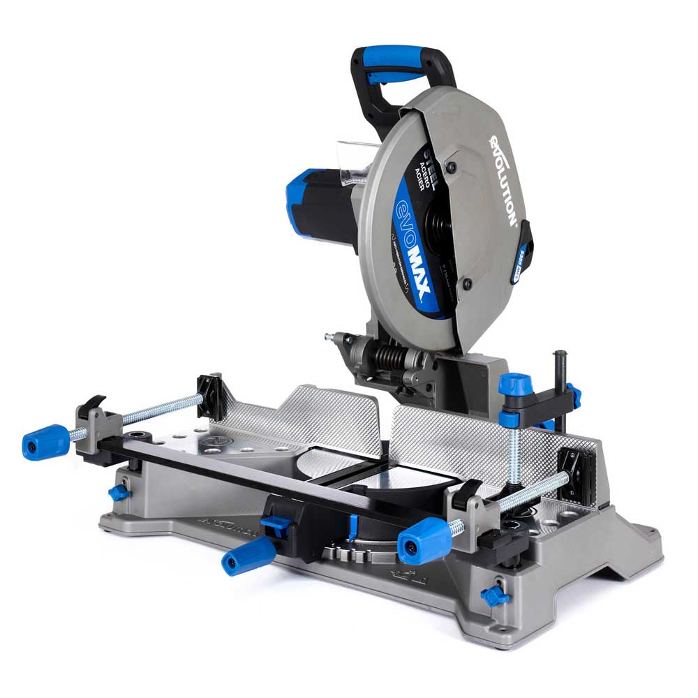 Przecinarka ukosowa do metalu Evolution S355MCS-G2 z tarczą EVOMAX Cermet Long-Life 80T 355 mm, inteligentną technologią silnika oraz prowadnicą Shadowline