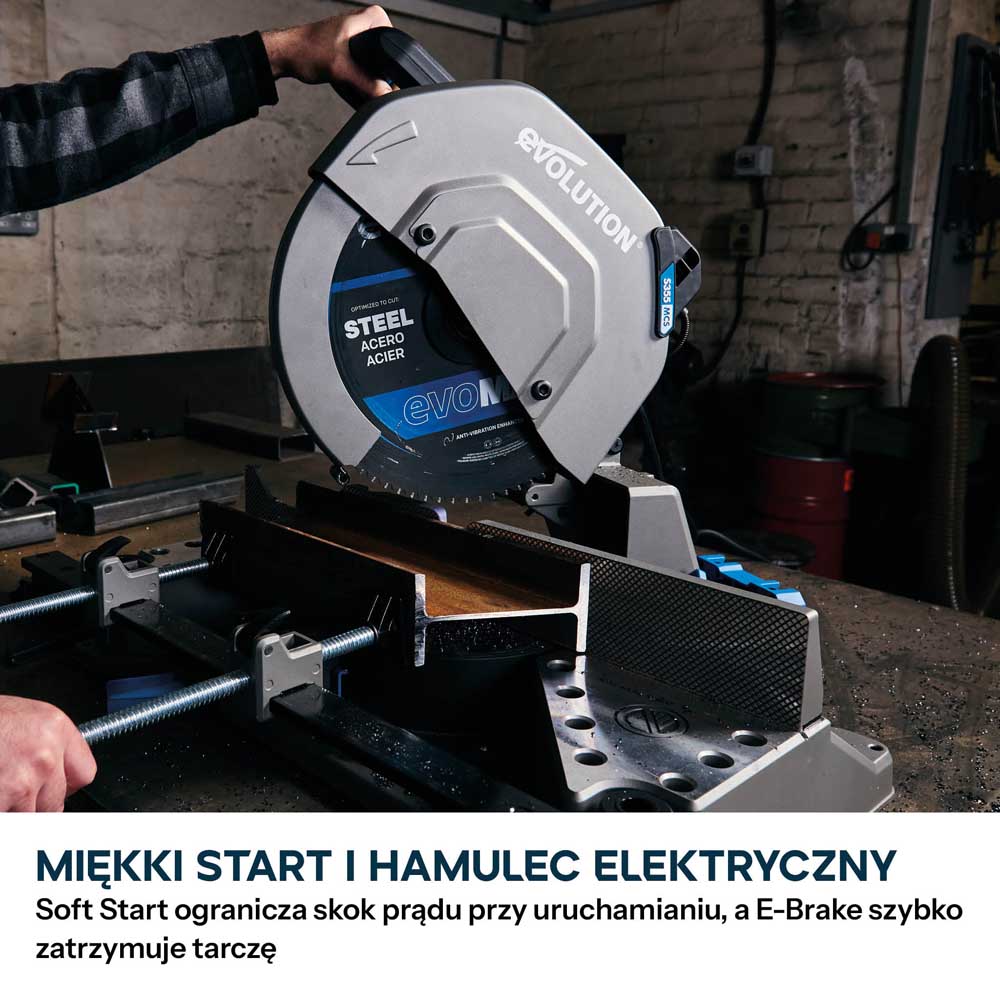Przecinarka ukosowa do metalu Evolution S355MCS-G2 z tarczą EVOMAX Cermet Long-Life 80T 355 mm, inteligentną technologią silnika oraz prowadnicą Shadowline