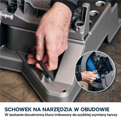 Przecinarka ukosowa do metalu Evolution S355MCS-G2 z tarczą EVOMAX Cermet Long-Life 80T 355 mm, inteligentną technologią silnika oraz prowadnicą Shadowline
