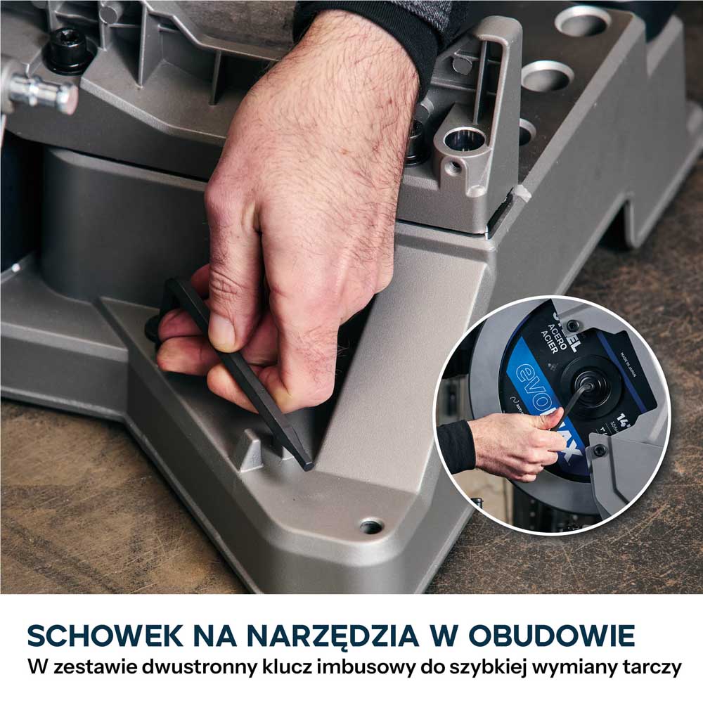Przecinarka ukosowa do metalu Evolution S355MCS-G2 z tarczą EVOMAX Cermet Long-Life 80T 355 mm, inteligentną technologią silnika oraz prowadnicą Shadowline