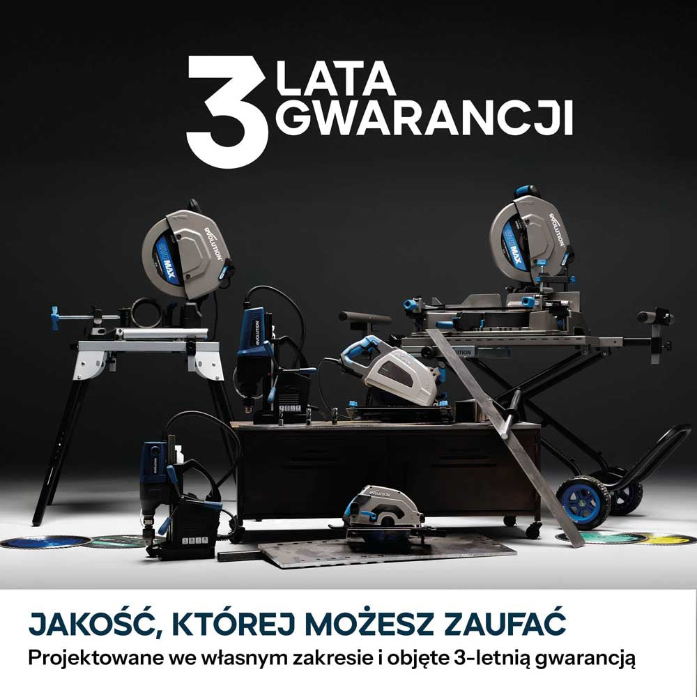 Przecinarka ukosowa do metalu Evolution S355MCS-G2 z tarczą EVOMAX Cermet Long-Life 80T 355 mm, inteligentną technologią silnika oraz prowadnicą Shadowline