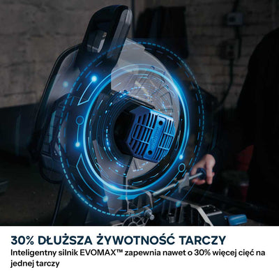 Przecinarka ukosowa do metalu Evolution S355MCS-G2 z tarczą EVOMAX Cermet Long-Life 80T 355 mm, inteligentną technologią silnika oraz prowadnicą Shadowline