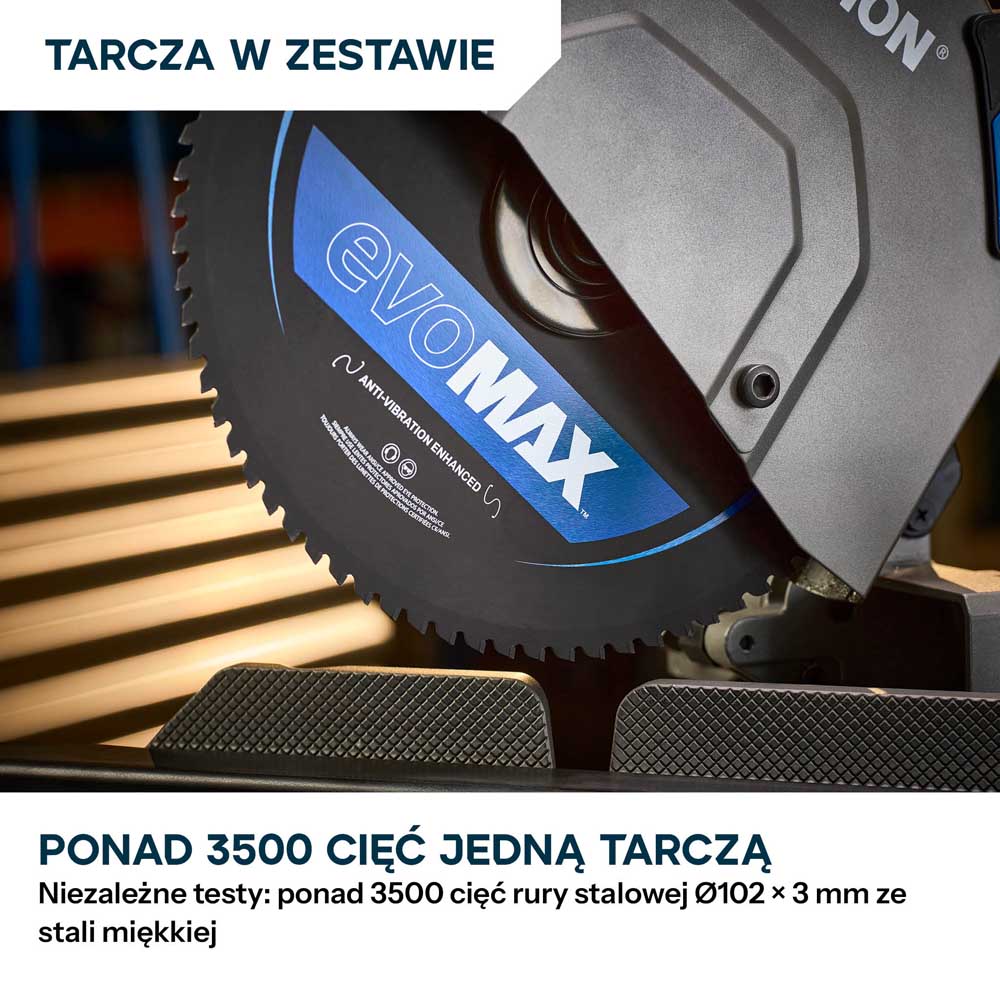 Przecinarka ukosowa do metalu Evolution S355MCS-G2 z tarczą EVOMAX Cermet Long-Life 80T 355 mm, inteligentną technologią silnika oraz prowadnicą Shadowline