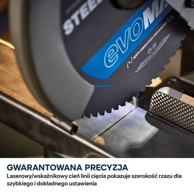 Przecinarka ukosowa do metalu Evolution S355MCS-G2 z tarczą EVOMAX Cermet Long-Life 80T 355 mm, inteligentną technologią silnika oraz prowadnicą Shadowline
